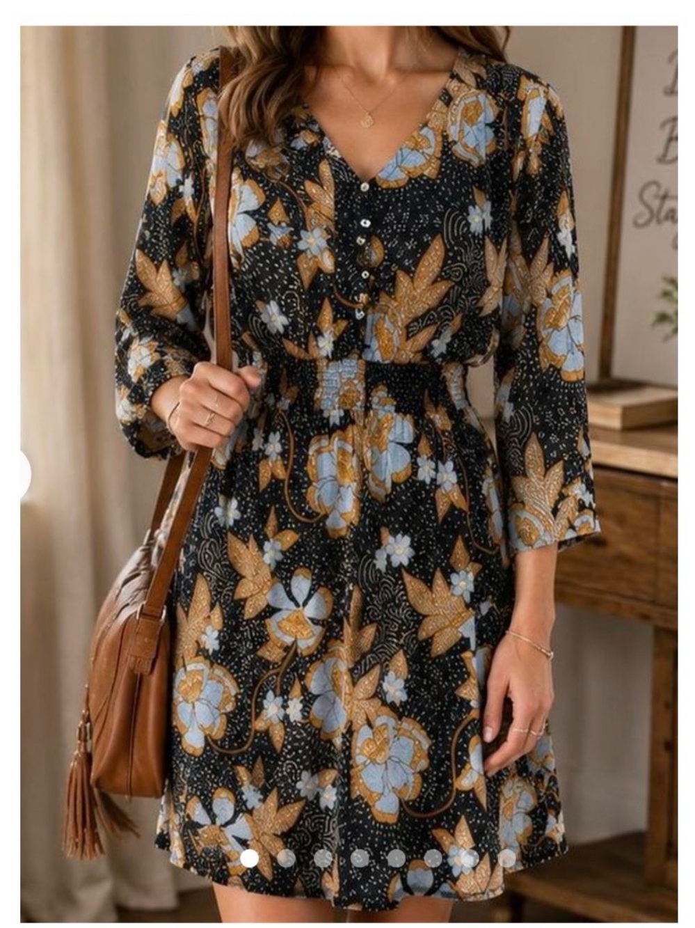 Daniel Rainn Black Cream Mustard Floral Leaf Long Sleeve Dress sz S Boho